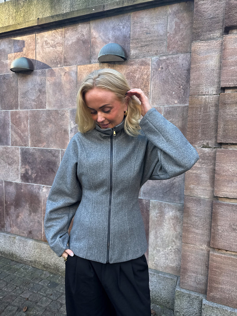 Paula Waisted Zip Jacket - Light Grey Melange