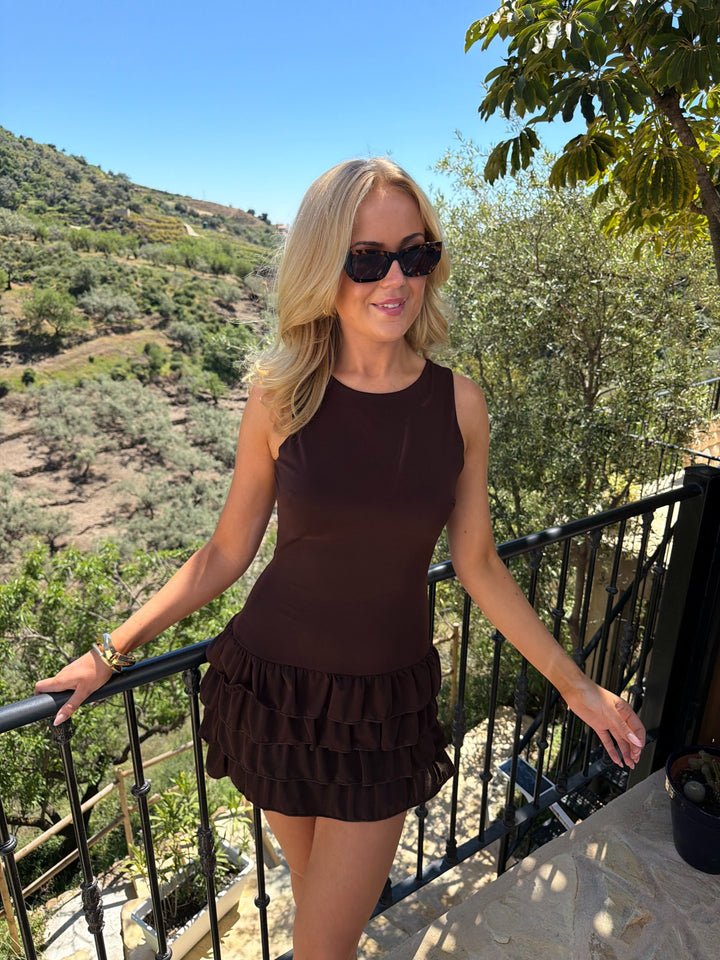 Liv Mini Frill Dress - Dark Brown