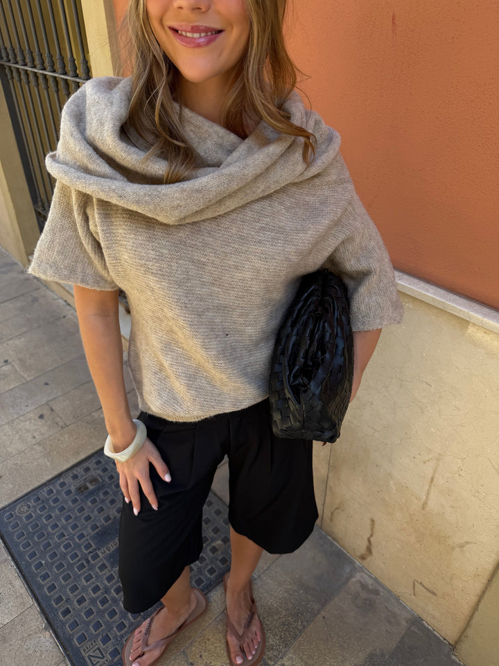Rita Off Shoulder Hood Knit - Beige Melange
