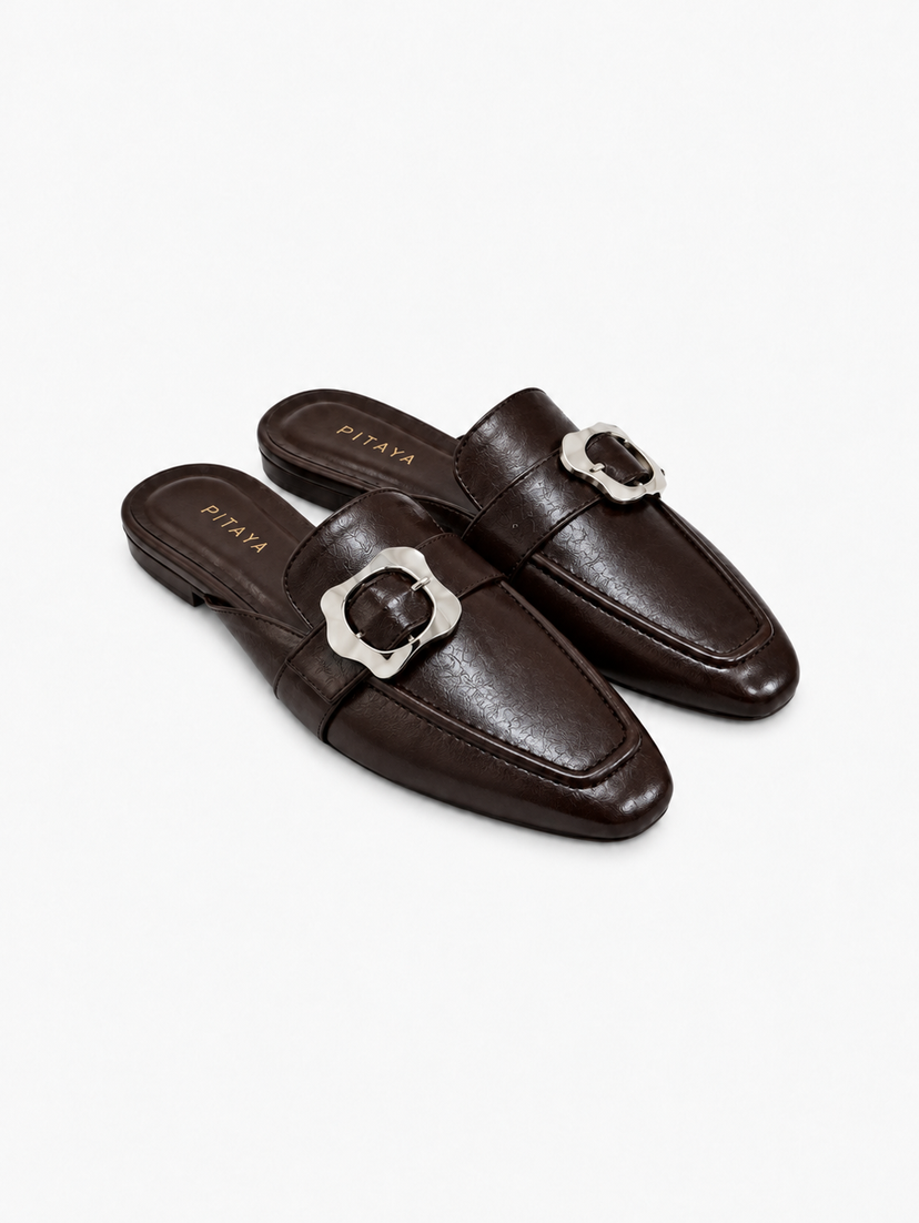 Amy Buckle Mules - Dark Brown