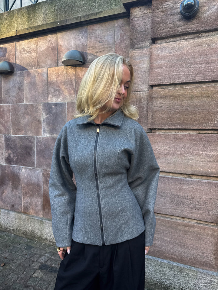 Paula Waisted Zip Jacket - Light Grey Melange
