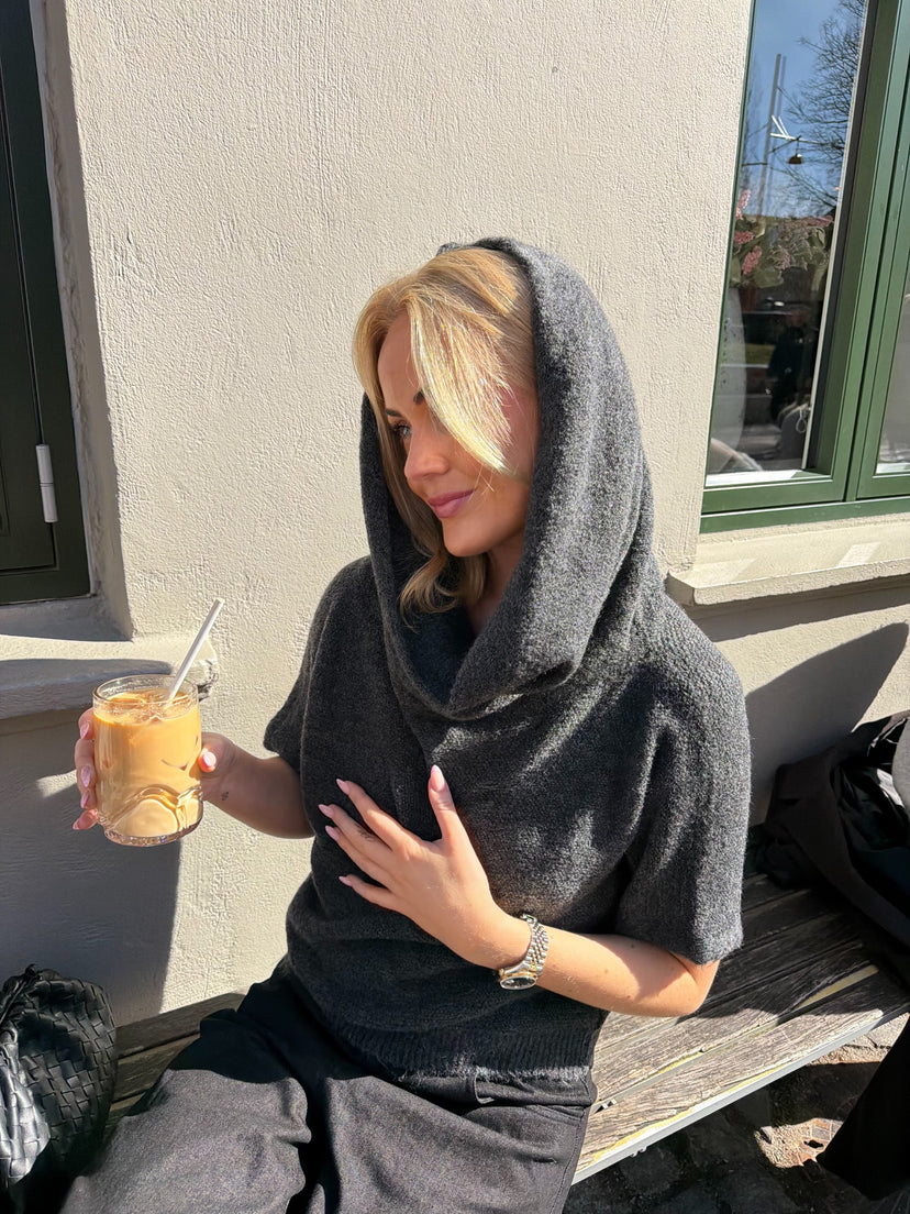 Rita Off Shoulder Hood Knit - Dark Grey Melange
