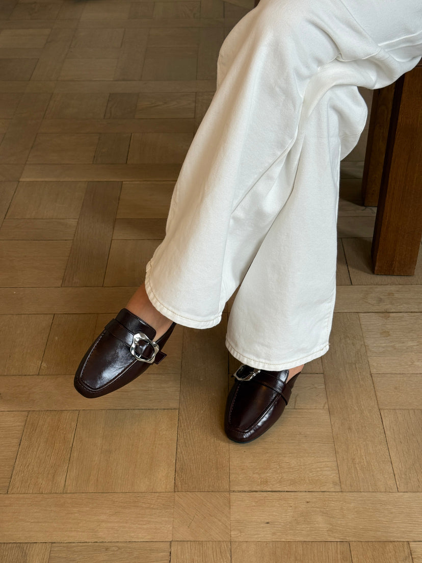 Amy Buckle Mules - Dark Brown