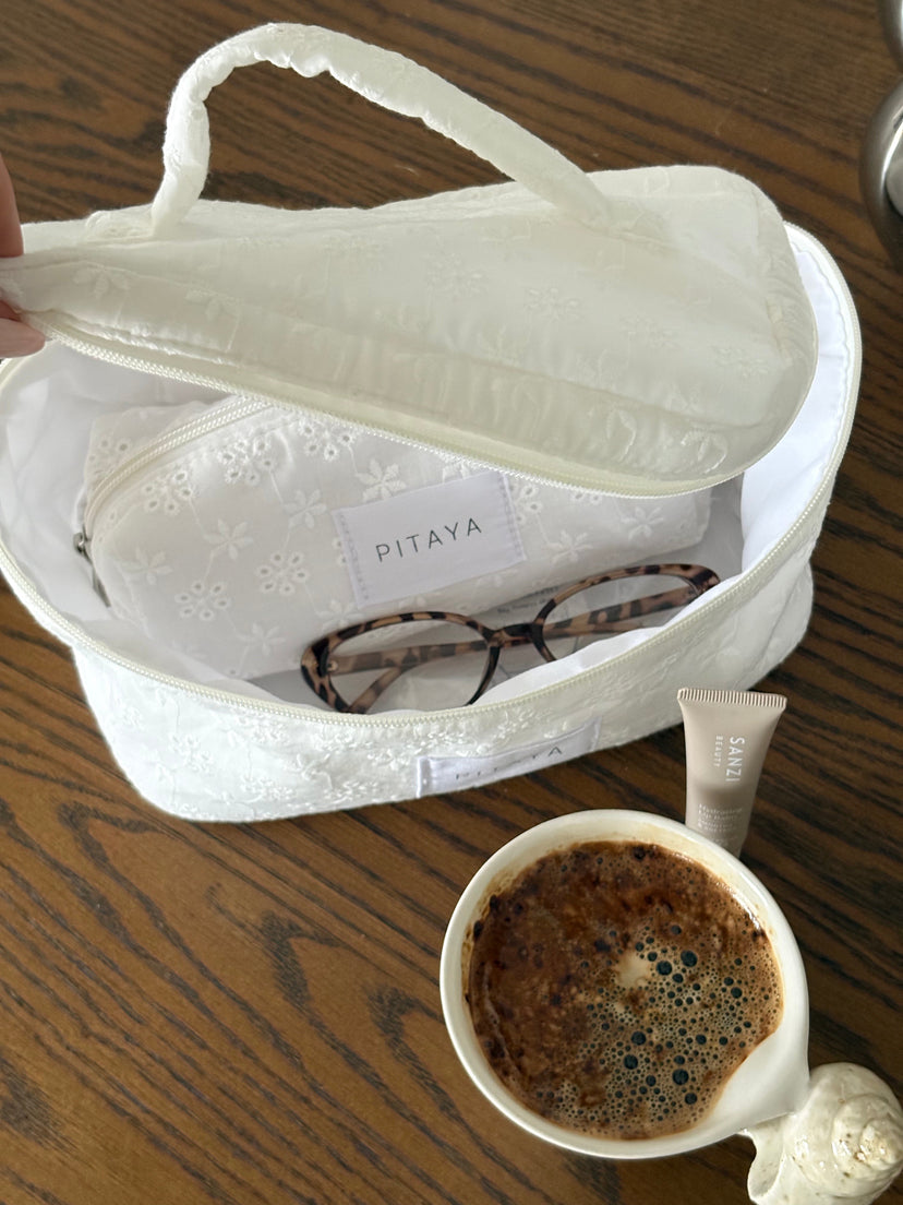 Large Makeup Bag - White Broderie Anglaise
