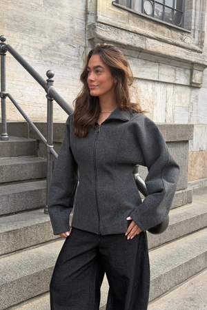 Paula Waisted Zip Jacket - Dark Grey Melange
