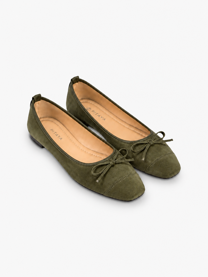 Irina Square Bow Ballerina - Faux Suede Army Green