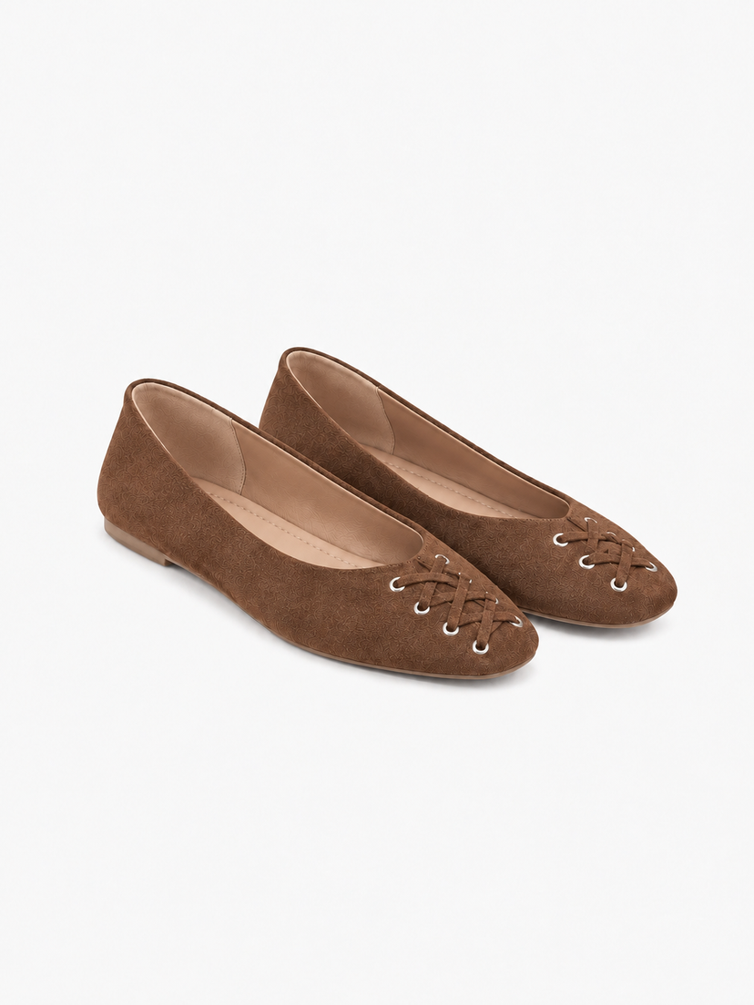 Kira Tie Ballerina - Faux Suede Cognac Brown